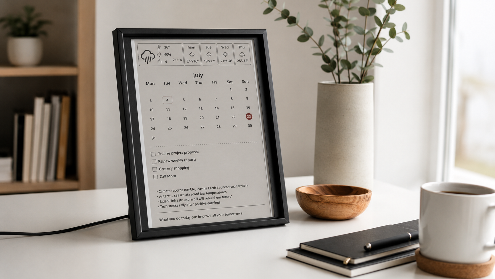 Inkycal dashboard on a desk